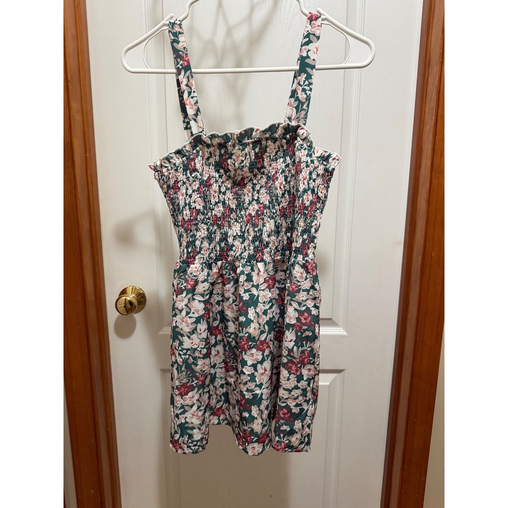 WIHOLL Womens Floral Mini Dress Smocked Bodice Green Pink White Large NWT